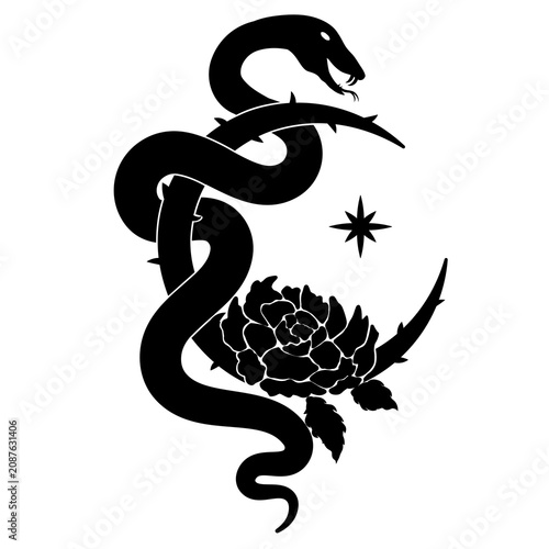 Snake Flower Crescent Gothic Tattoo Design