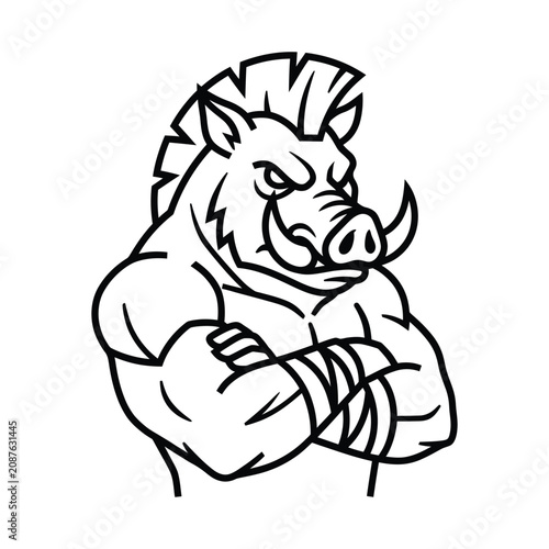 Aggressive boar mascot character with muscular arms crossed vector illustration muscular character