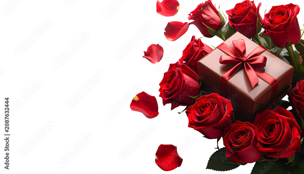 Fototapeta premium Luxury Gift Box With Red Roses PNG Isolated On Transparent Background, Romantic Floral Present For Valentine's Day, Anniversary Celebration And Commercial Graphic Design