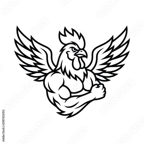 Strong rooster mascot with wings spread and muscular body vector illustration muscular aggressive
