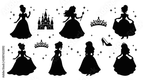 Konstfotografi Princess Silhouette Set with Fairy Tale Castle Tiara and Glass Slipper