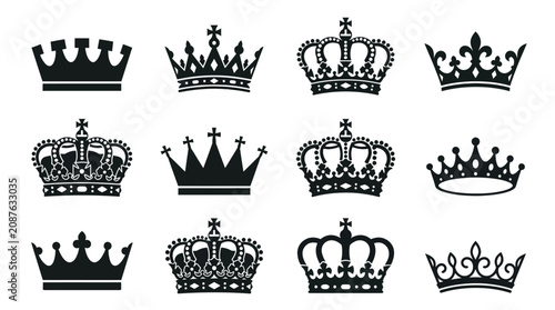 Tablou pe pânză Black Royal Crown Vector Icons and Silhouette Symbols Set