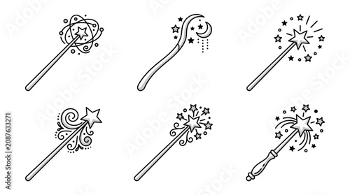 Quadro su tela Collection of six magical wands with stars and swirls illustrations