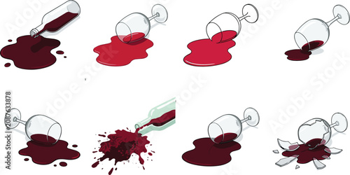 Foto Vector illustration set of spilled red wine from overturned glasses and bottles