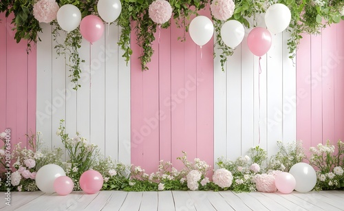 Fresh blooming flowers and balloon clusters on a pastel backdrop