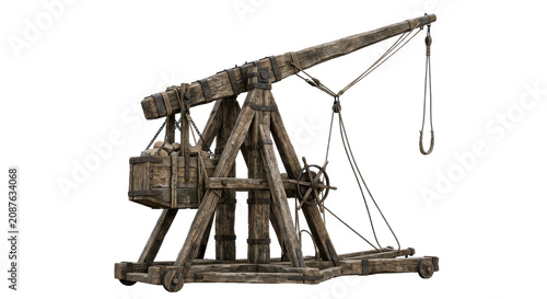 Ancient wooden trebuchet siege weapon, a medieval war machine with a counterweight, isolated on a white background, showcasing historical engineering and warfare.