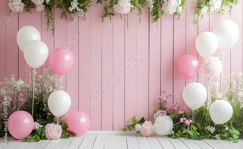 Stylish event decor featuring pink wooden backdrop and natural flowers