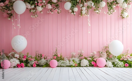 Bright festive party setup with pink and white balloon arch elements