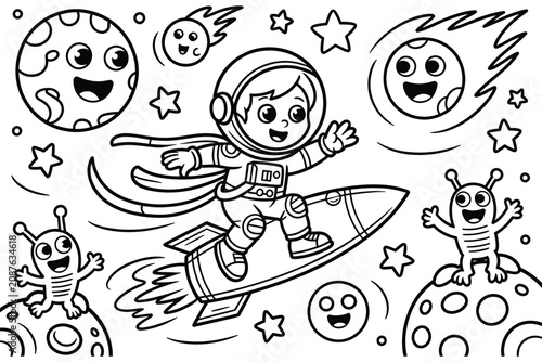 Astronaut surfing on rocket through space with planets and aliens stars galaxy cosmos suit child
