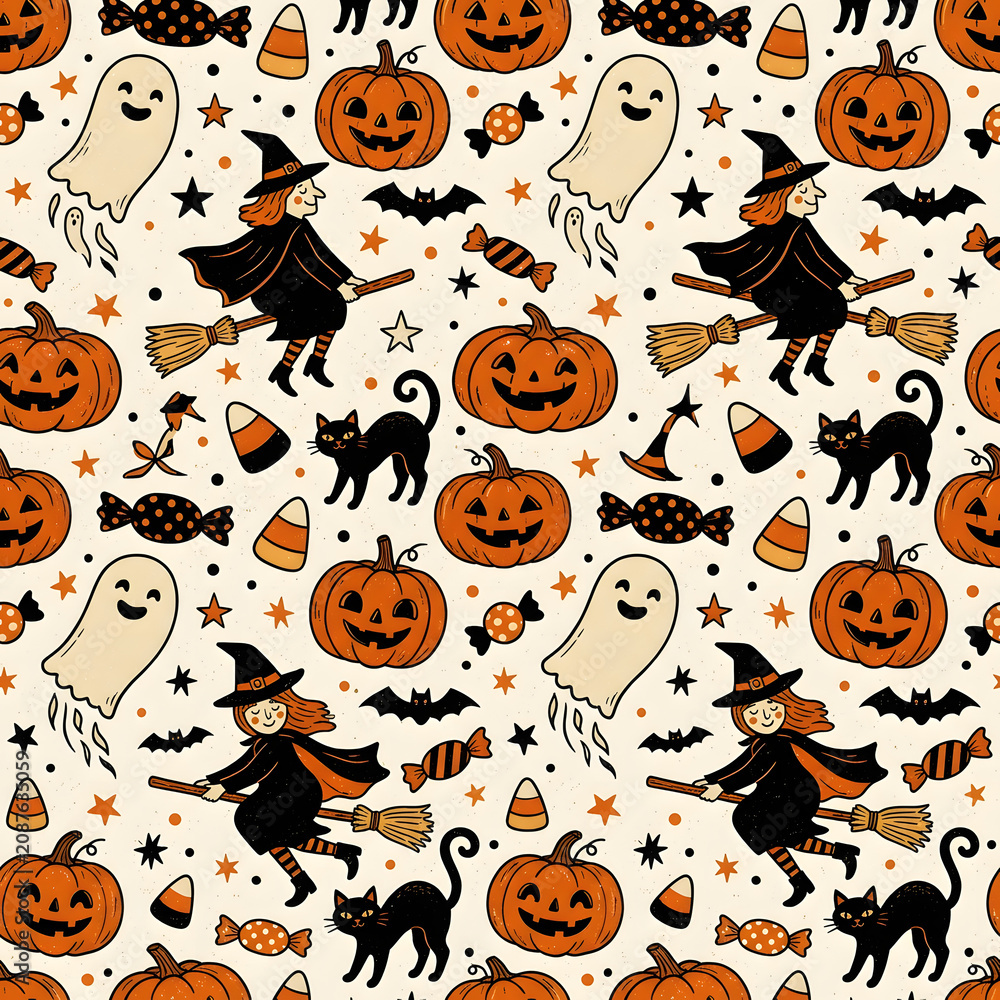 Fototapeta premium Classic Halloween Icons Seamless Pattern