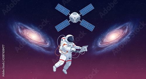 Astronaut with Laptop Floats Near Satellite and Galaxies.