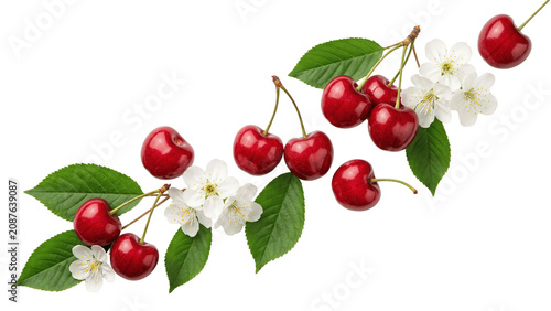 Sweet Cherry Branch with Blossoms PNG Isolated Transparent Background for Packaging and Design
