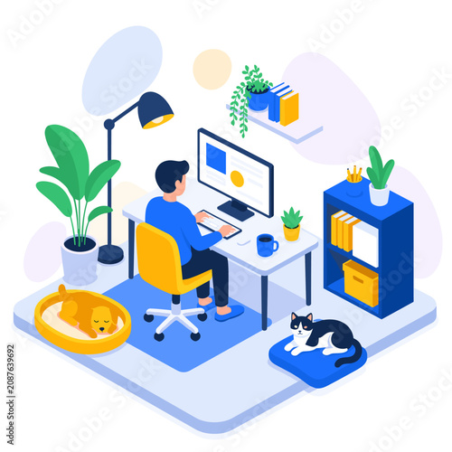 Person Working at Computer Desk in Cozy Home Office Setup.