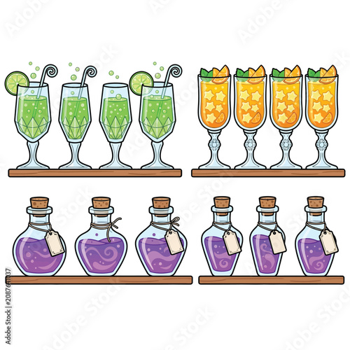 Spooky halloween cocktails with potion bottles on wooden shelf vector