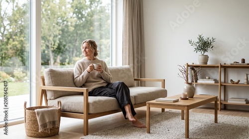 Woman relaxing on a wooden sofa in a bright Scandinavian-style living room