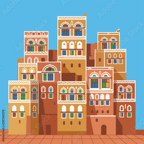Konstfotografi Traditional Sanaa architecture flat vector illustration commercial visual