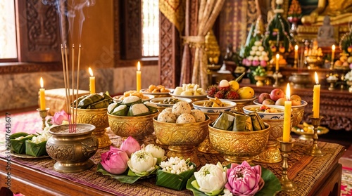 Pchum Ben, close-up composition of traditional Cambodian food offerings arranged in ornate golden bowls, fresh lotus flowers, incense holder, glowing candles, temple-inspired decorations