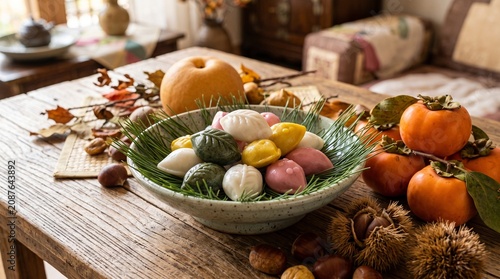 Chuseok, close-up composition of beautifully arranged songpyeon rice cakes on fresh pine needles, ripe persimmons, chestnuts, pears, elegant Korean pottery