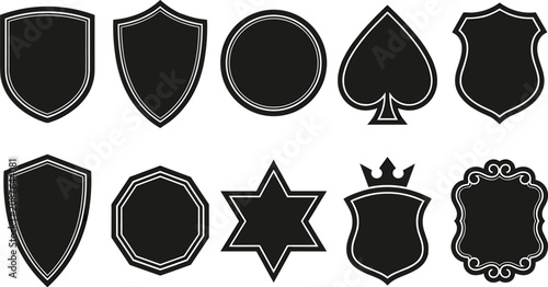 Foto Blank black shield crest silhouette icon set featuring vintage heraldry emblems