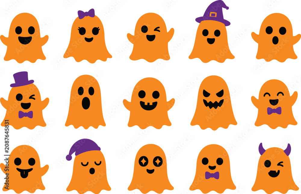 Obraz premium Halloween Ghost Clipart Bundle Cute Friendly Spooky Cartoon Ghost Vector Illustration Set