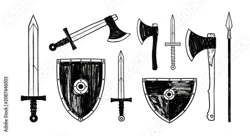 Slika na platnu Hand drawn medieval weapons and shields set in sketch style.
