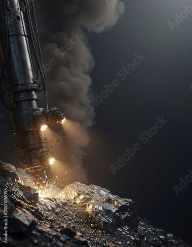 Deep sea mining robotic drill rig crushing underwater seafloor rock with heavy smoke plume
