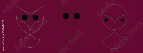 Collection of minimalist owl logo designs created with elegant geometric line art and simple outline shapes. Featuring three unique owl concepts with clean black and brown strokes, this modern vector 