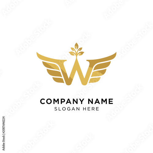Golden wings and letter W luxury logo.