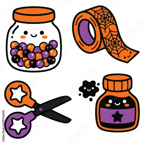 Cute halloween craft set with candy jar washi tape and scissors vector
