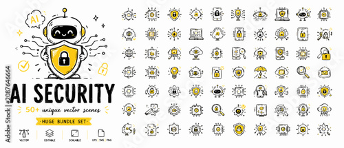 AI Security vector icon set, 50 unique artificial intelligence and cyber protection icons, hand drawn doodle style robot and data safety symbols