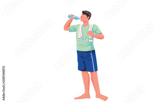 Foto Man drinking water from plastic bottle with towel around neck fitness training