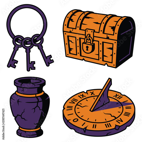 Vintage treasure chest with gothic keys and sundial vector set