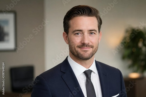 A confident financial advisor poses in a polished studio setting, exuding professionalism.