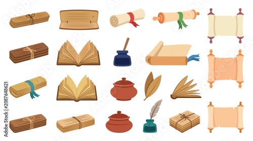 Obraz na płótnie Collection of ancient scrolls, books, inkwells, and quills representing history and knowledge