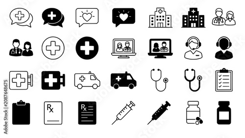 Schilderij op canvas Telemedicine and digital healthcare icon set for medical services and clinics