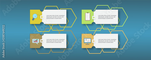 Modern business infographic card template with ticket-style panels, hexagon outlines, and flat icons. Perfect for workflow visualization, presentations, project planning, marketing, and corporate