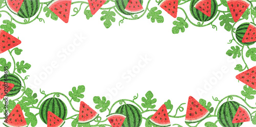 Fotografía Full rectangular frame border of ripe watermelons and leaves