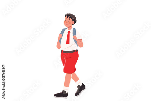 Schoolboy walking with backpack wearing uniform classroom learning