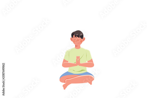 Young man sitting in lotus pose fitness training