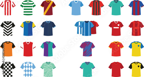 Obraz na płótnie Football jersey and soccer kit vector icon set featuring various team shirt desi