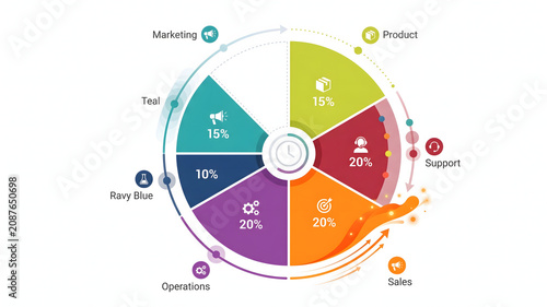 Circular business infographic pie chart template with 6 steps or options for marketing, sales, product, operations, support, and team structure