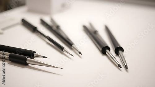 Professional microblading tools with fine needle tips arranged neatly.