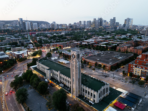 Aerial twilight view of Atwater Market and Montreal skyline, Quebec, Canada at blue hour. g.