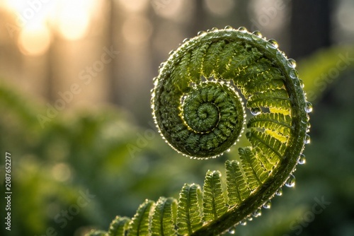A silver fern frond unfurls at dawn with morning dew on its spiral.