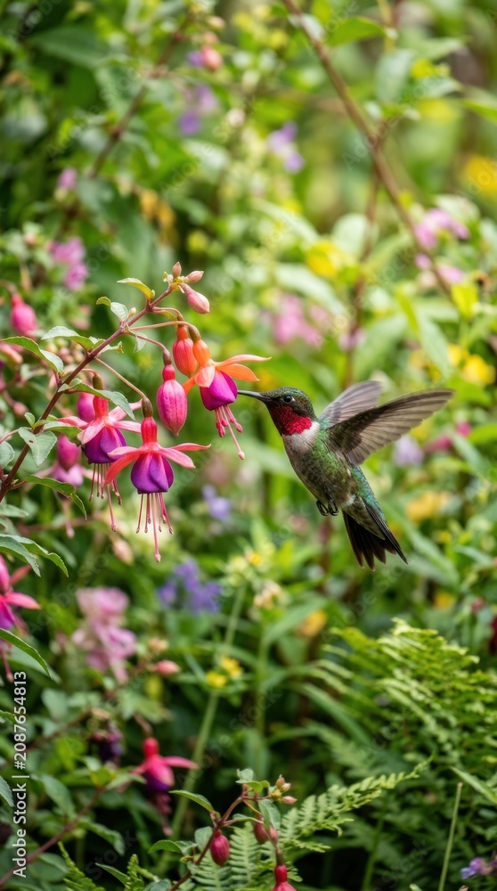 Fototapeta premium vibrant colorful hummingbird hovering near beautiful flower in nature wilderness