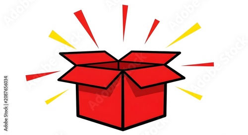 Open red cardboard box with starbursts illustration