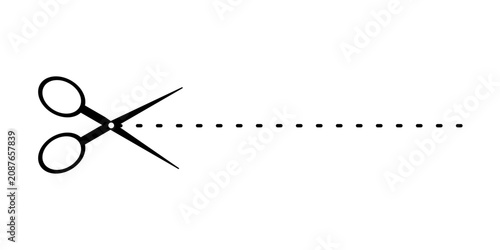 Black scissors cutting along a dotted line on a white background. Minimal icon illustration representing cut, coupon, crafting, trimming, and paper cutting.