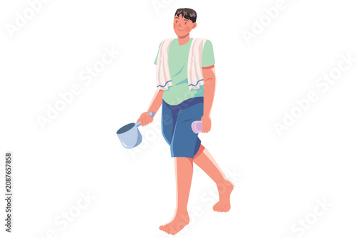 Konstfotografi Man walking with towel and water dipper for bath time routine wellness