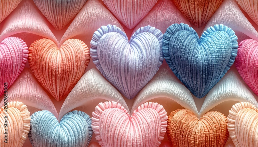 Fototapeta premium Colorful hearts are arranged in a pattern on a decorative background with blue, purple, and orange hues.