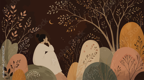 Canvastavla Woman sitting in serene forest at night contemplating the moon and stars, peacef